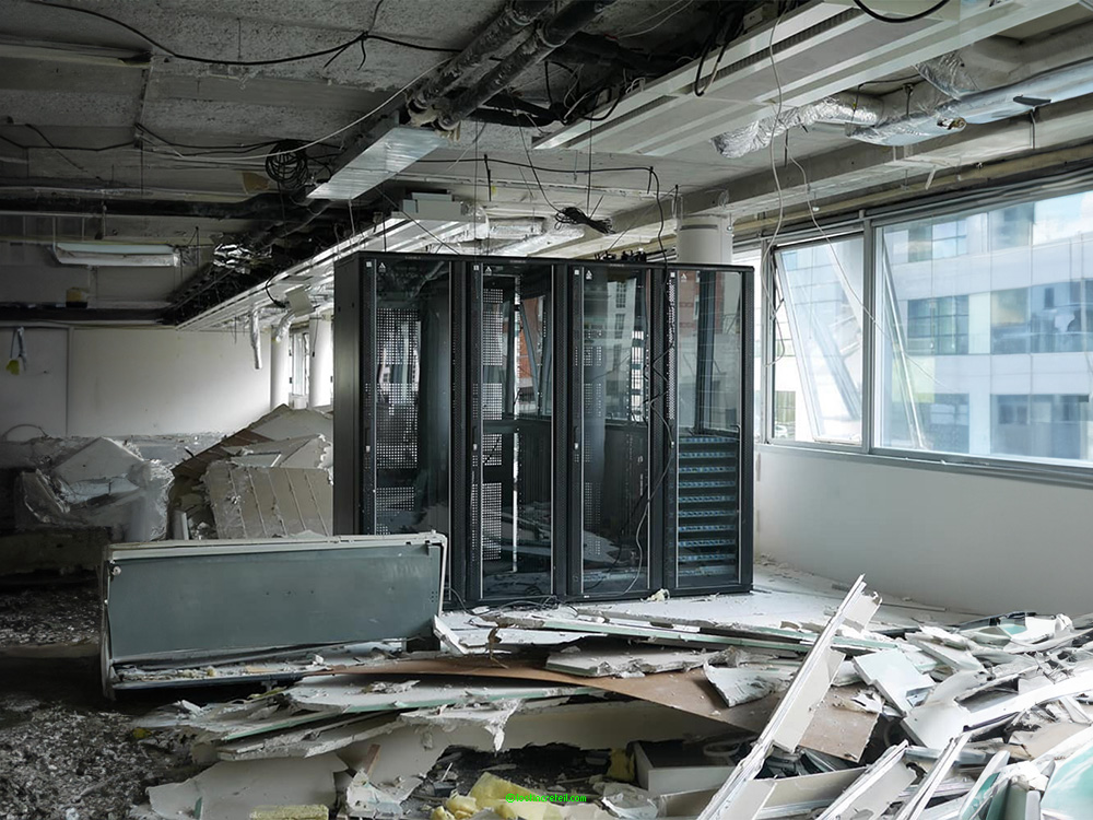 Remains of a server room in an office building under renovation, Paris